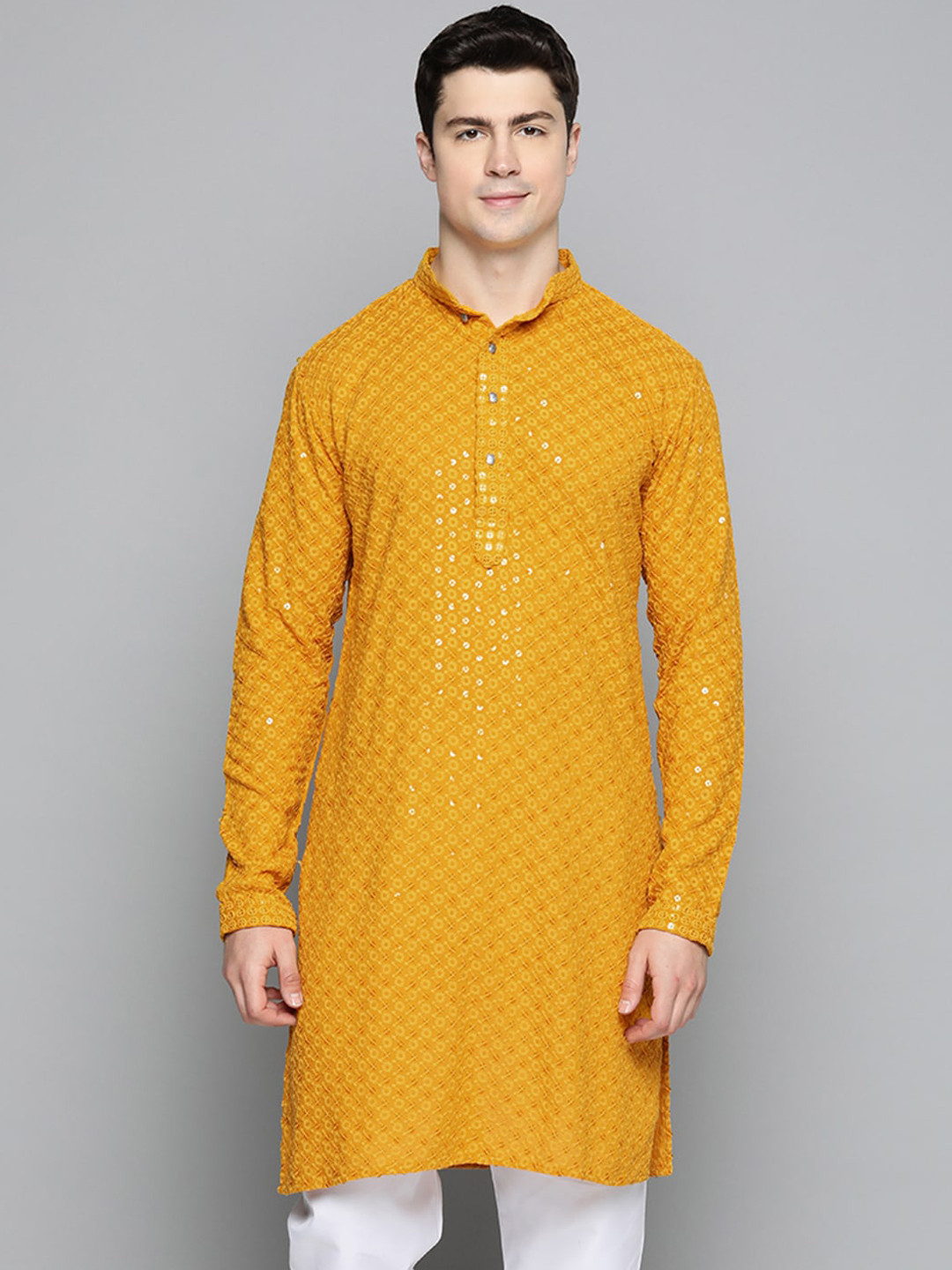 Jompers Men Floral Embroidered Chikankari Pure Cotton Kurta
