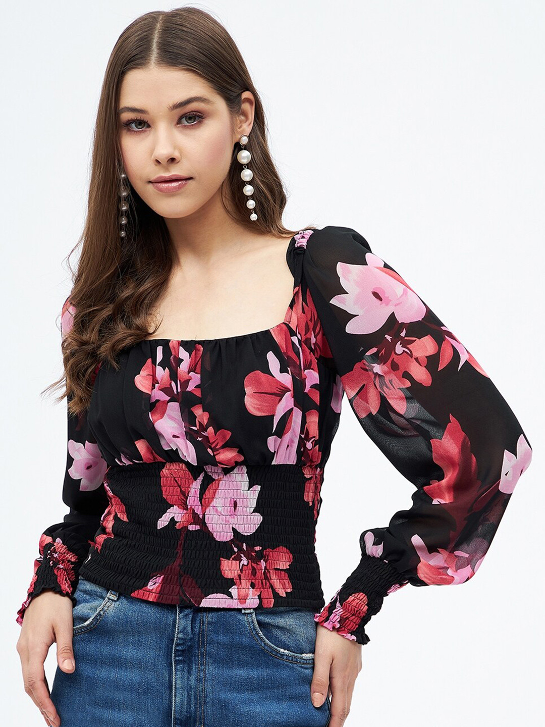 Harpa Floral Print Square Neck Cuff Sleeves Regular Top