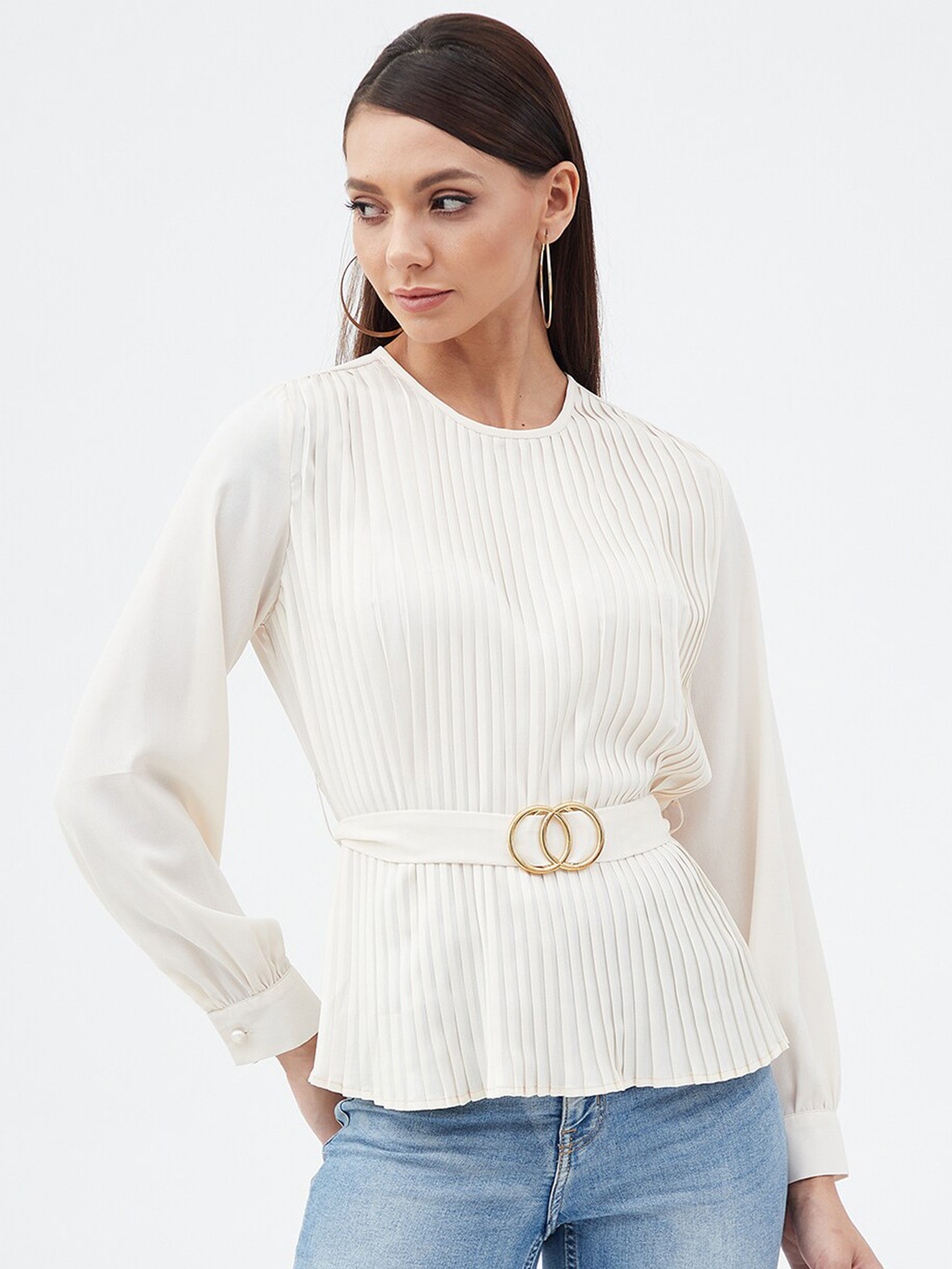 Harpa Cream-Coloured Cinched Waist Accordion Pleated Top