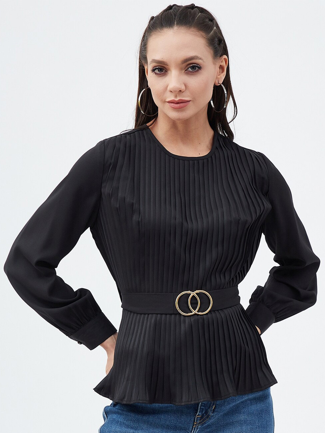 Harpa Accordion Pleats Round Neck Long Sleeves Peplum Top