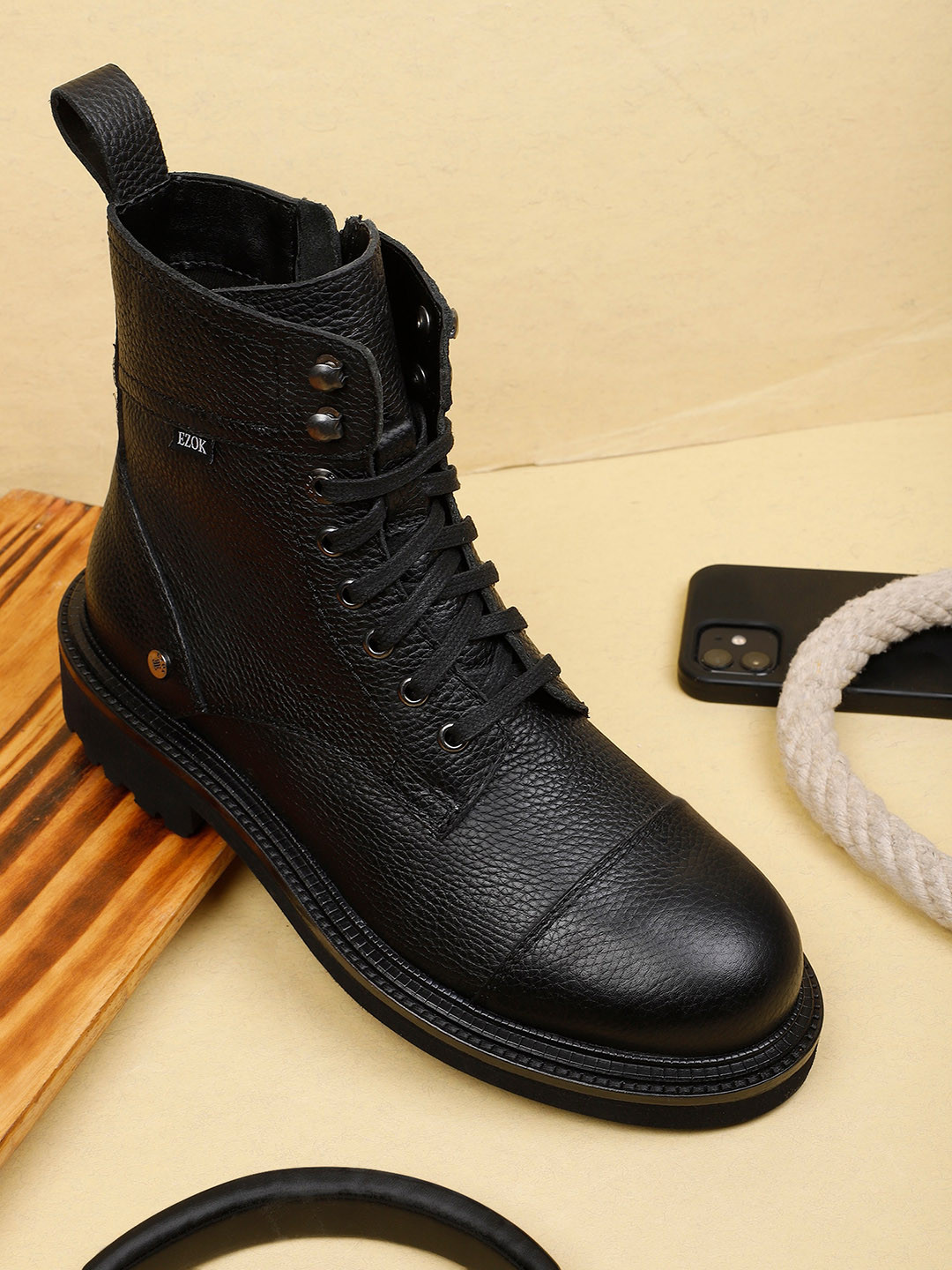 EZOK Men Textured Leather Biker Boots