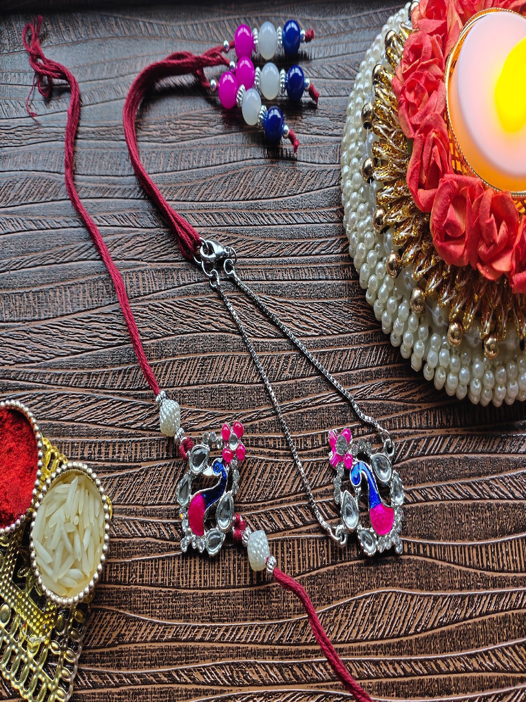 Mahi Set of 2 Peacock Shaped Meenakari Work Bhaiya Bhabhi Rakhis