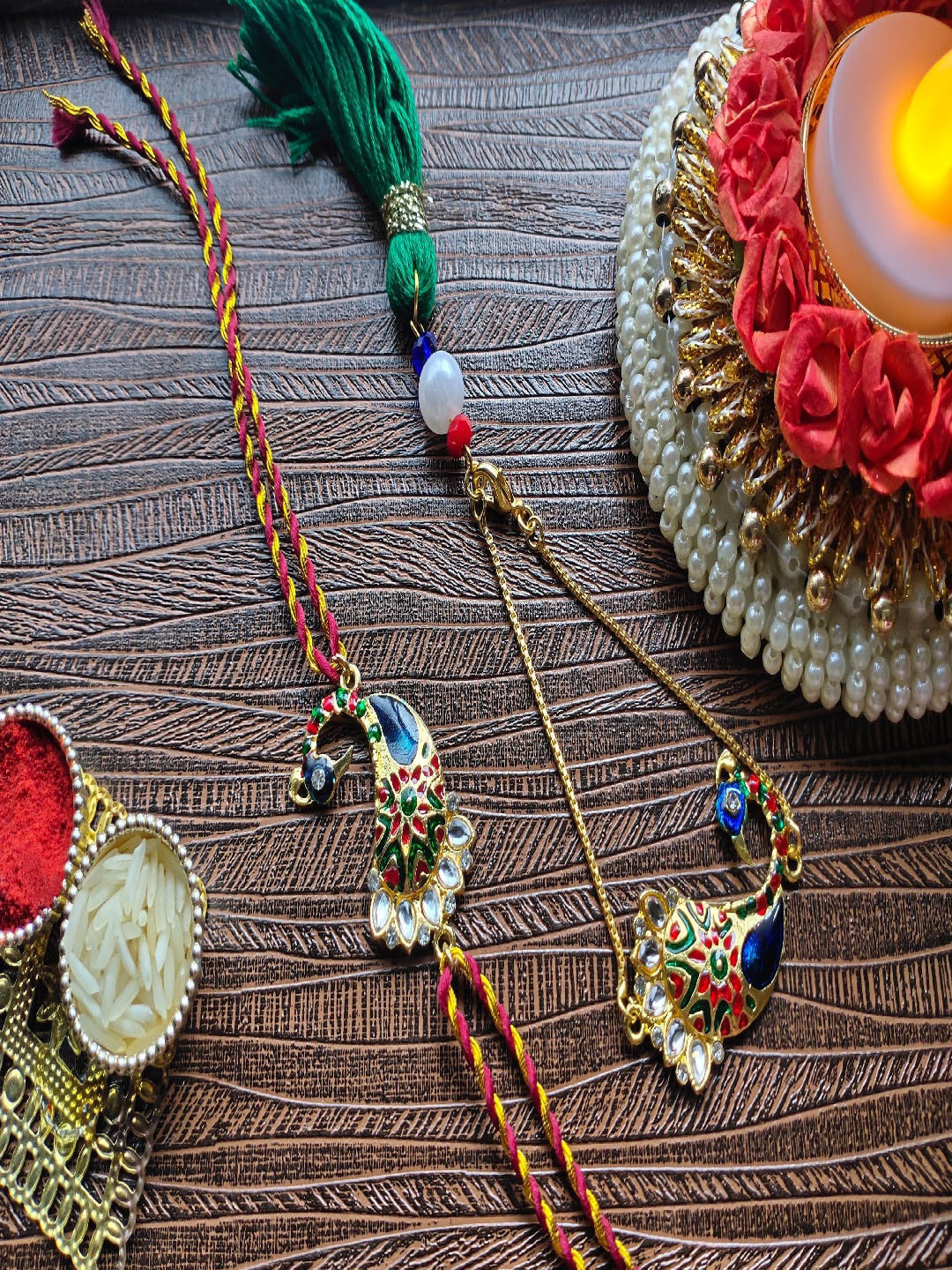 Mahi Set Of 2 Peacock Shaped Meenakari Bhaiya Bhabhi Rakhi
