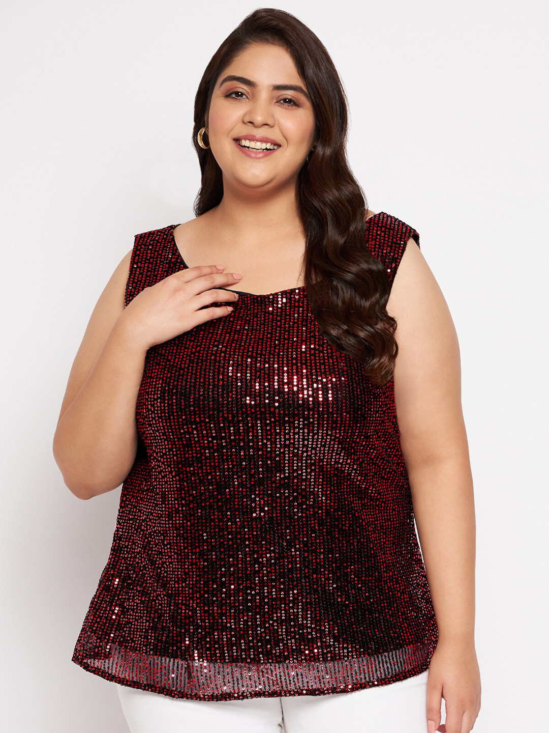 wild U Red Plus Size Embellished Sequined Net Top