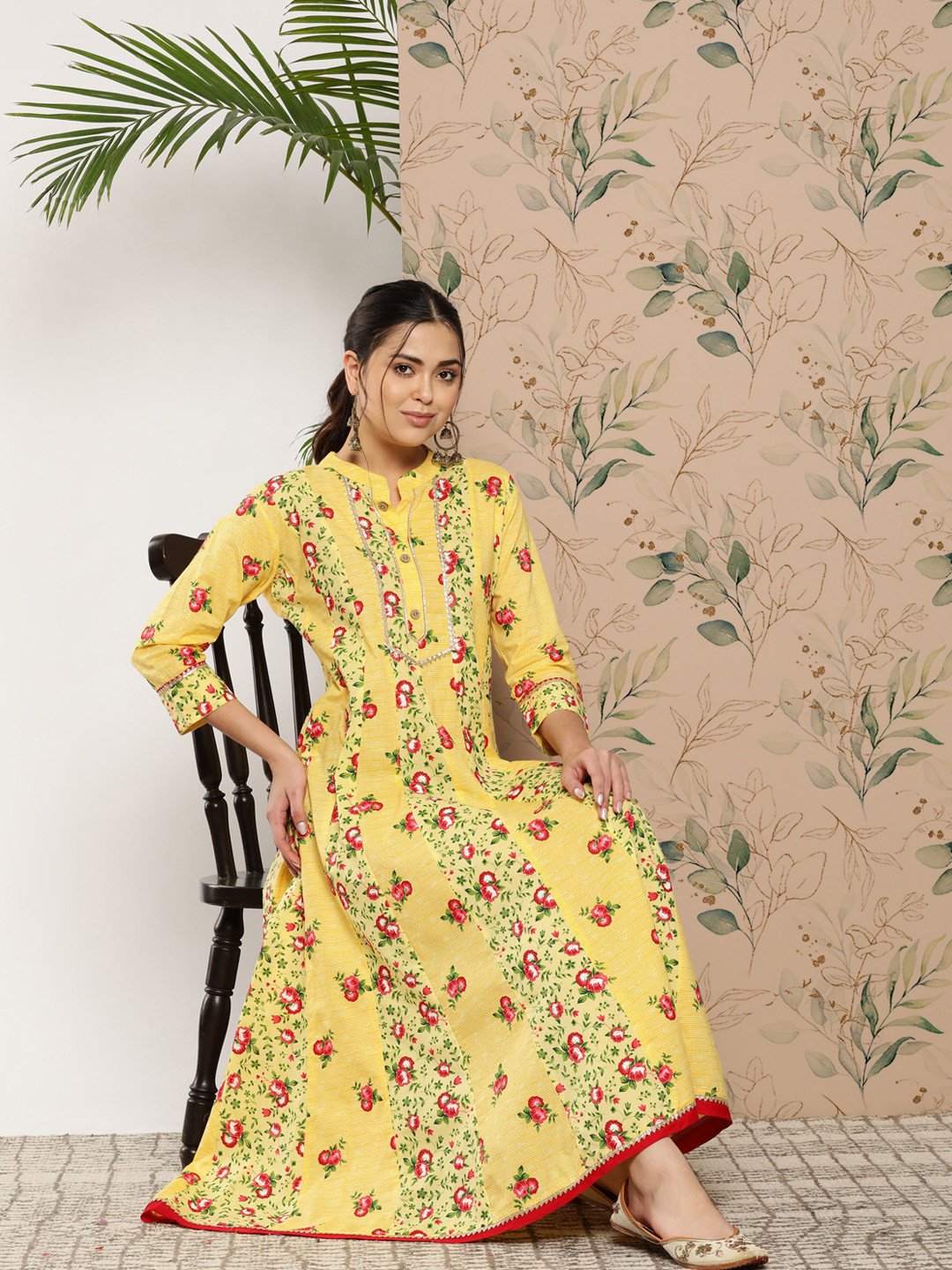 KALINI Floral Printed Mandarin Collar Gown Dress