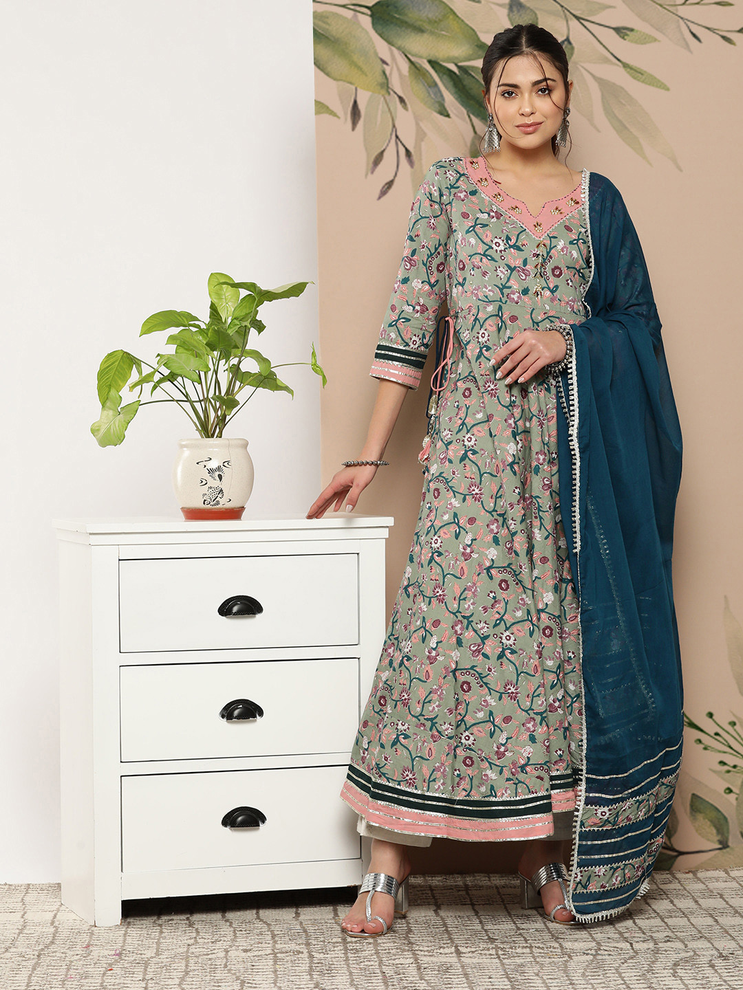 KALINI Ethnic Motifs Printed Tie-Ups Gown Dress With Dupatta