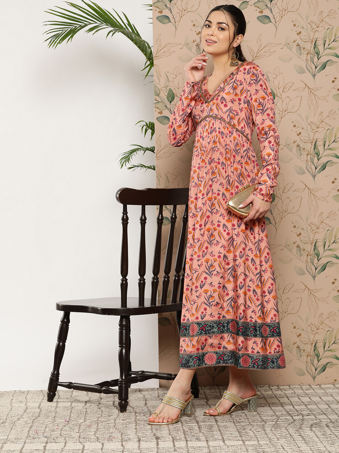 KALINI Ethnic Motifs Printed Embellished Maxi Dress