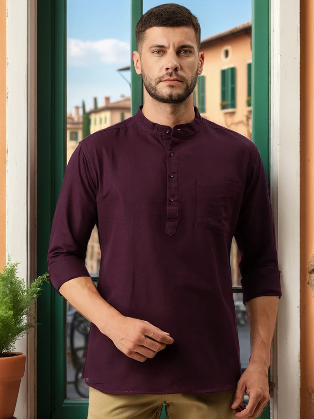 Kryptic Men Above Knee Curved Pure Cotton Kurta