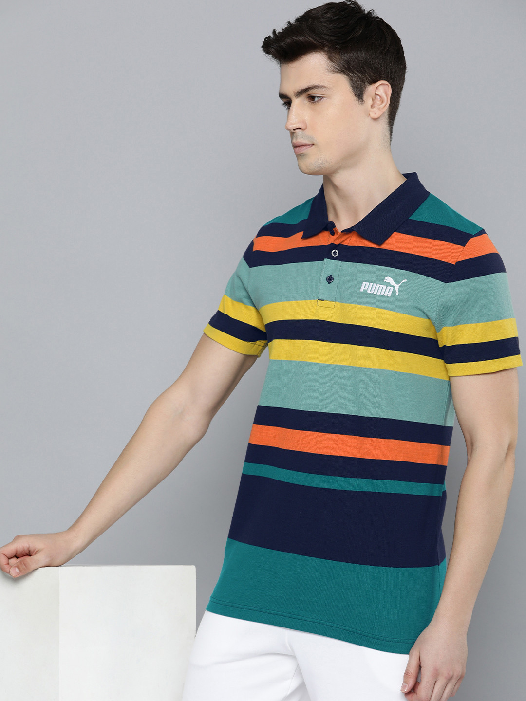 Puma Striped Polo Collar Pure Cotton Slim Fit T-shirt