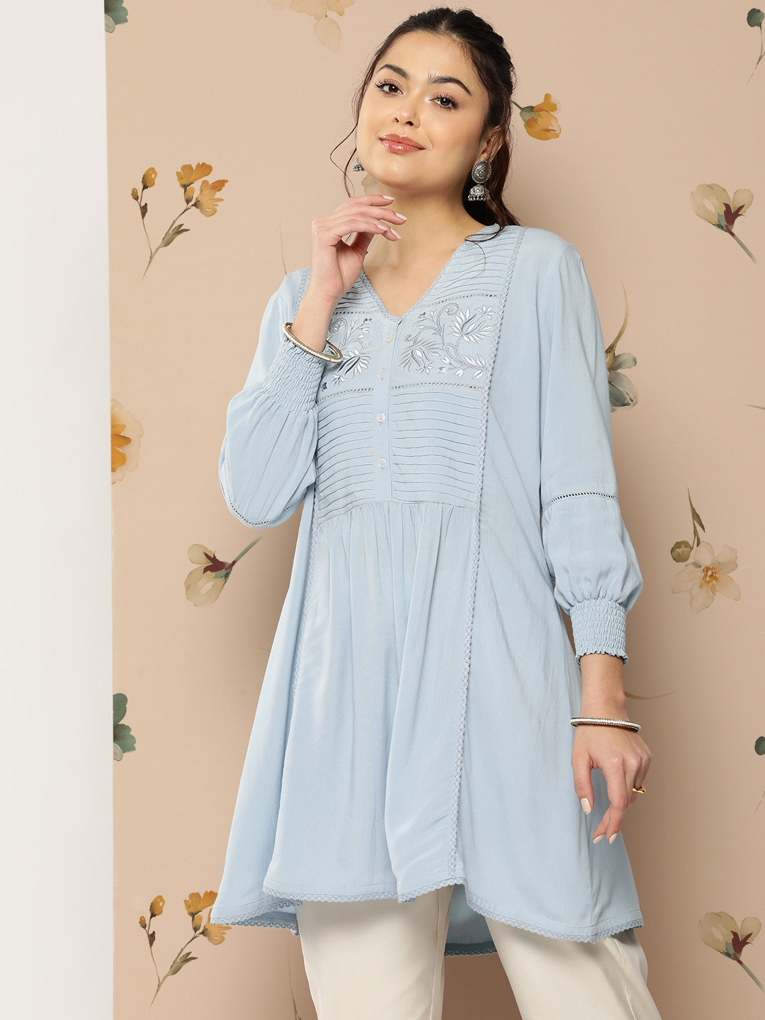 Nayam By Lakshita Floral Embroidered Puff Sleeves Kurti