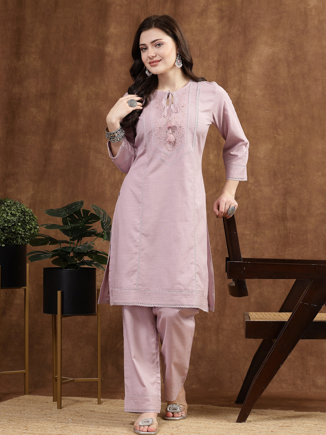 Nayam By Lakshita Floral Sequinned Tie-up Neck Cotton Linen Kurta With Palazzos