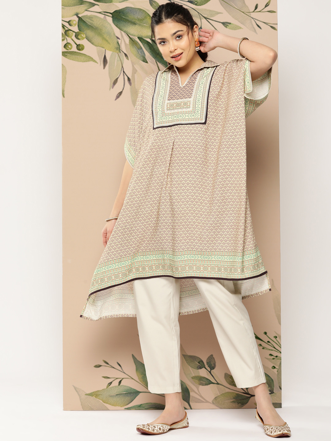 Nayam By Lakshita Green Ethnic Motifs Printed Flared Sleeves Kaftan Kurta