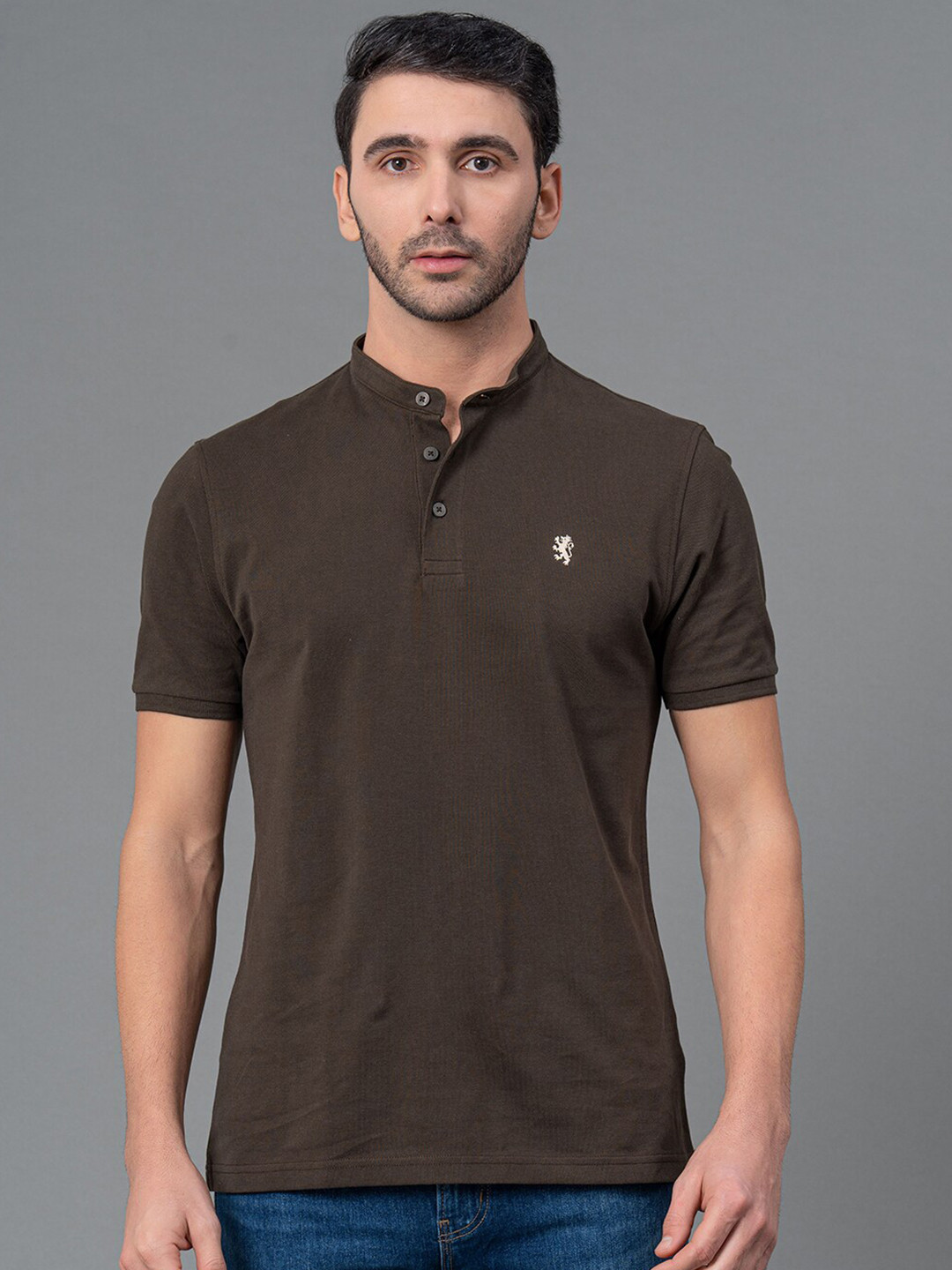 Red Tape Men Solid 100% Cotton Henley Neck Half Sleeve T-Shirt