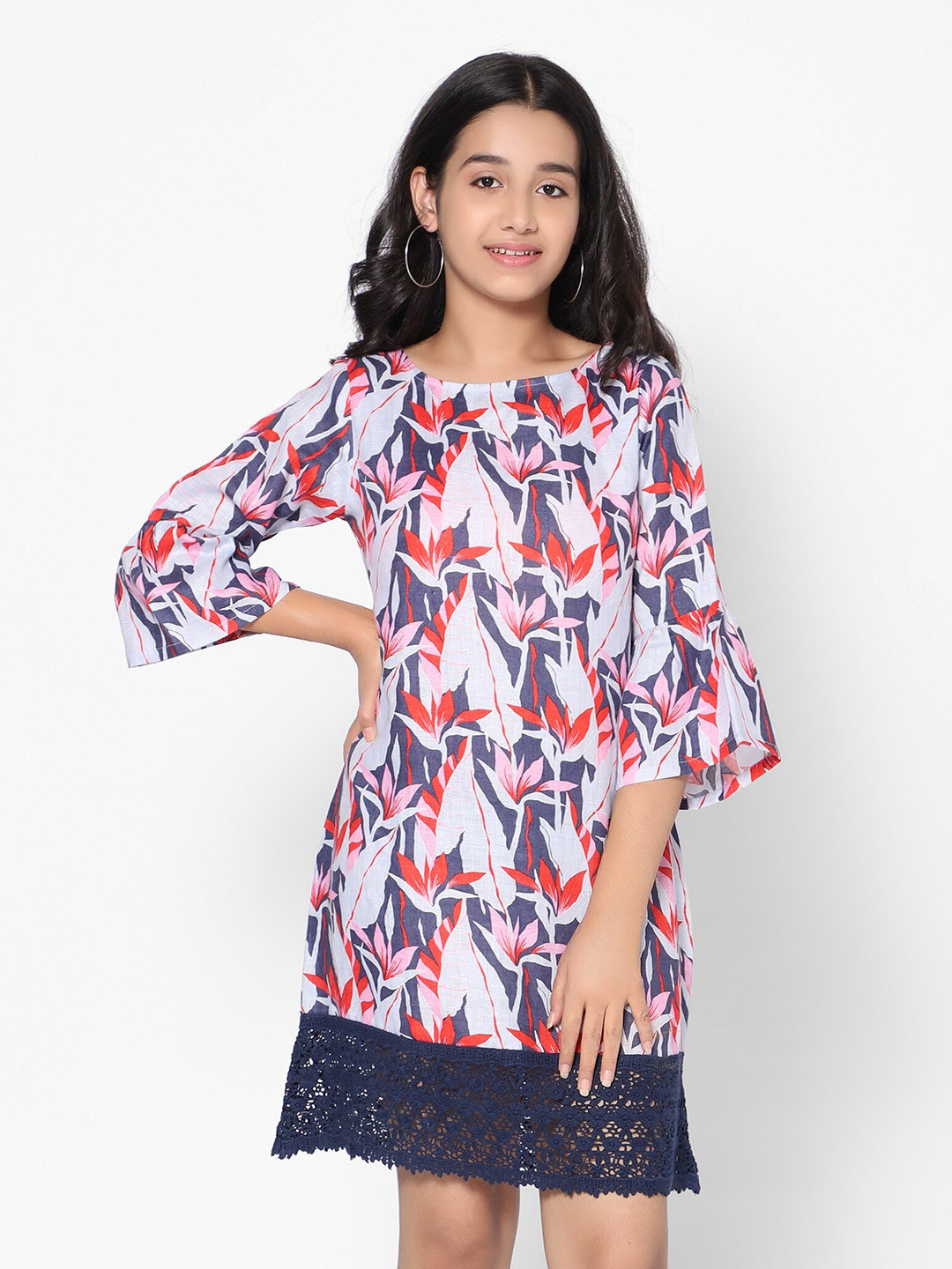 TeenTrums Girls Floral Printed Linen A-Line Dress