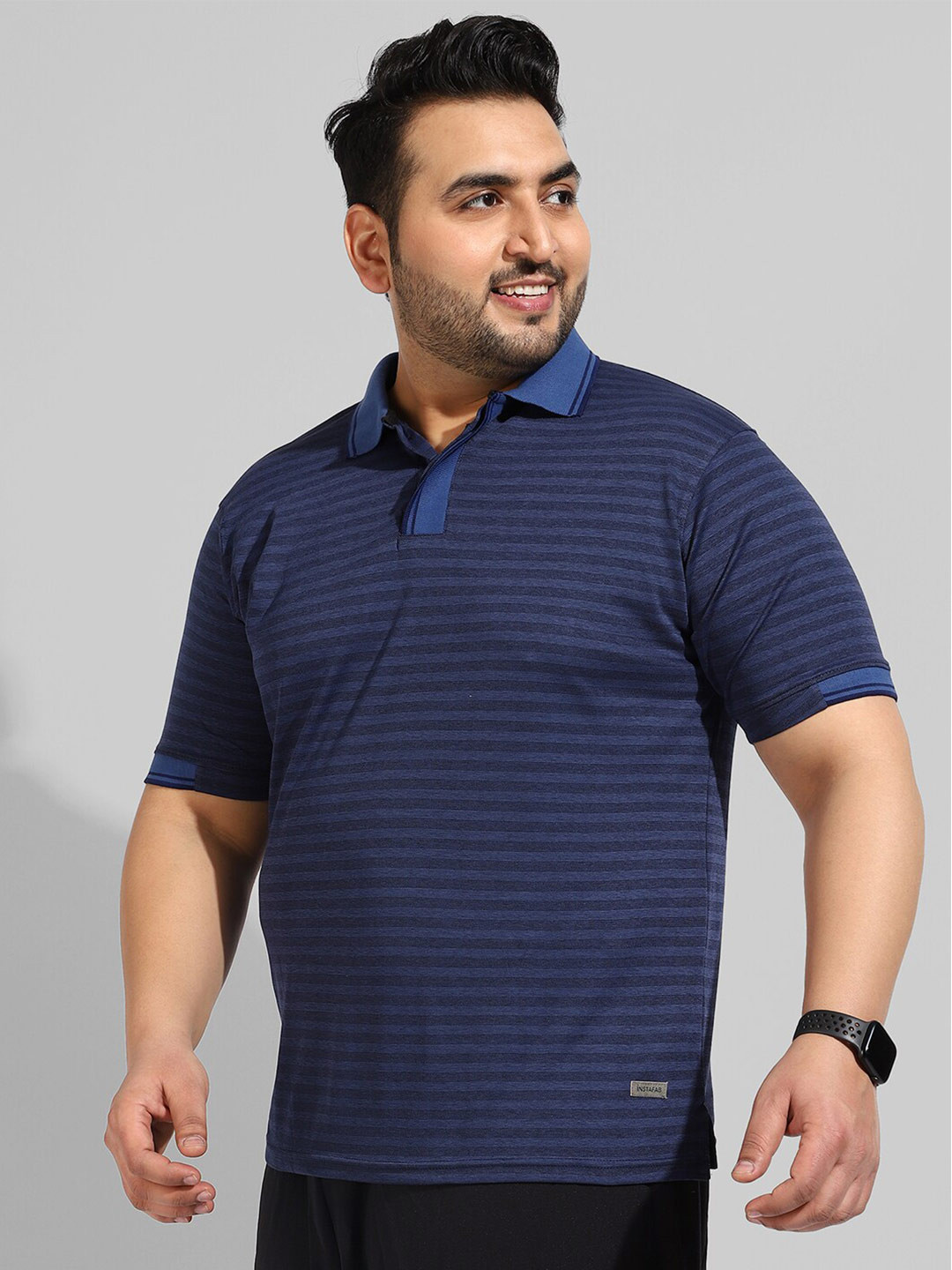 Instafab Plus Men Plus Size Striped Polo Collar Indigo Cotton Flex T-shirt