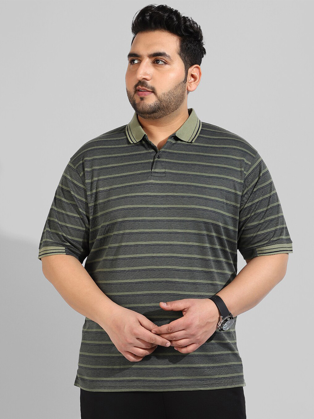 Instafab Plus Striped Polo Collar Flex T-shirt