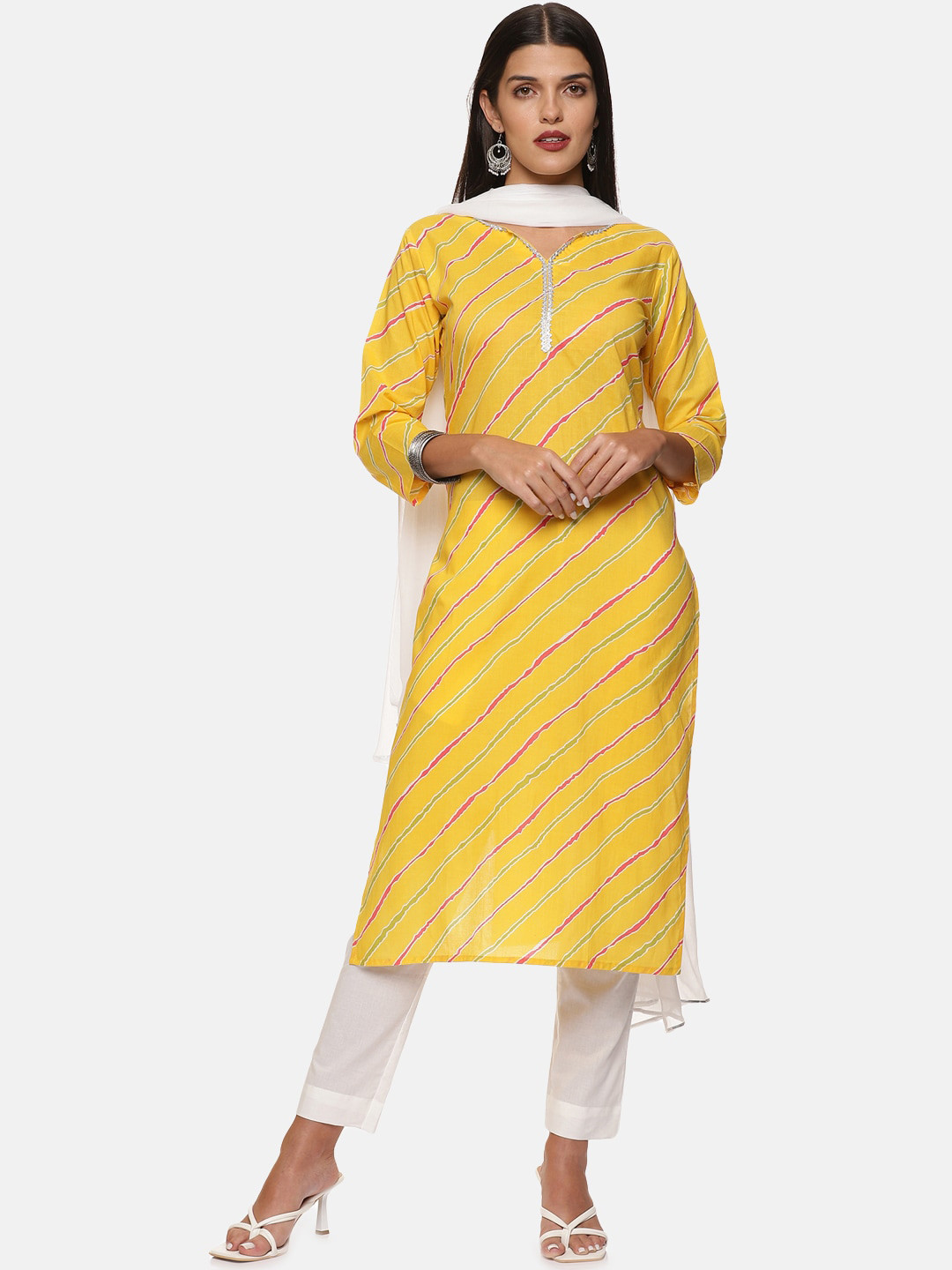 DIVINATION Women Leheriya PrintedPure Cotton Kurta with Trousers & With Dupatta