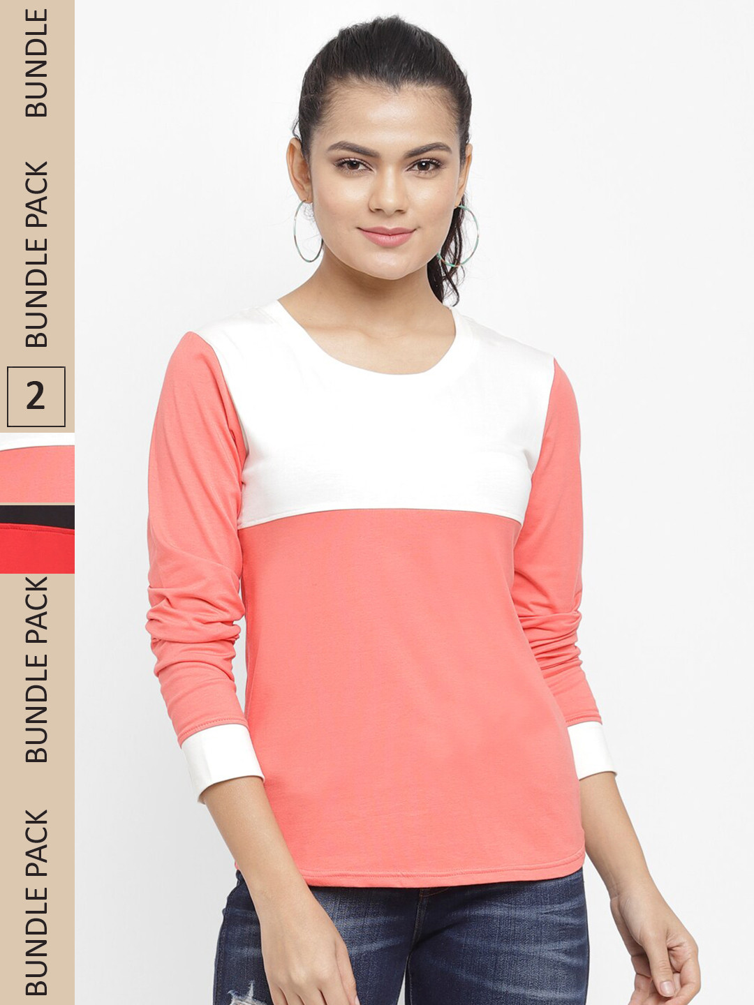 N-Gal Pack of 2 Colourblocked Long Sleeve Cotton T-shirt