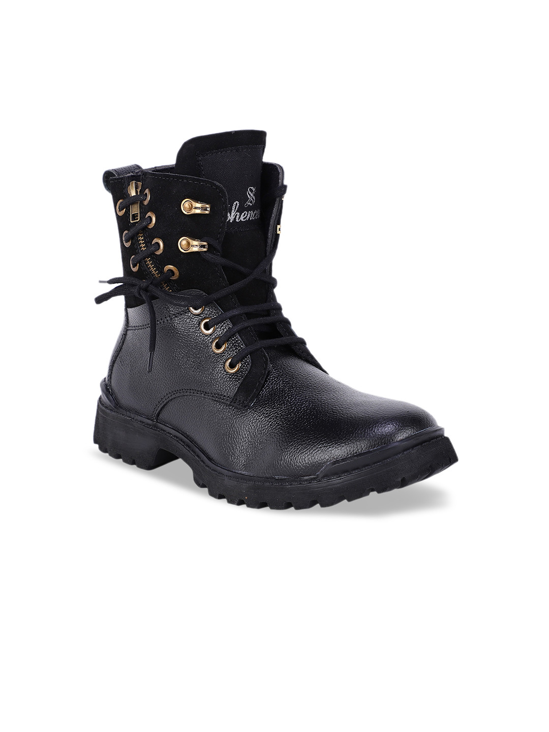 SHENCES Men Leather High-Top Biker Boots