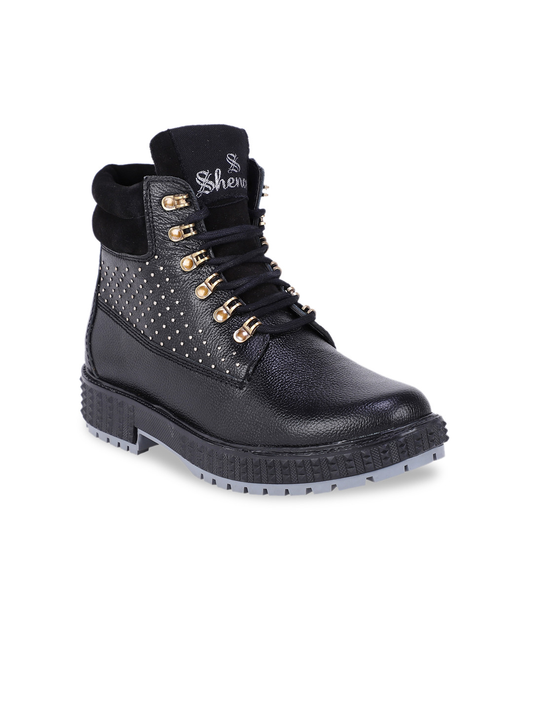 SHENCES Men Embellished Genuine Leather Biker Boots