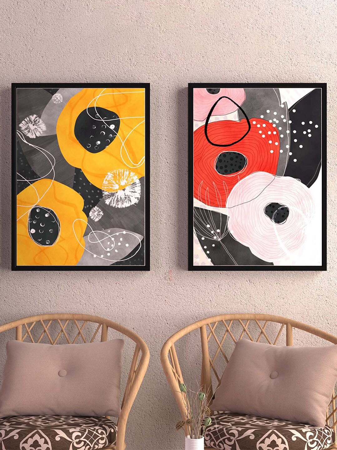 Art Street Red & Yellow 2-Pcs Abstract Mango Tango Framed Painting Wall Art