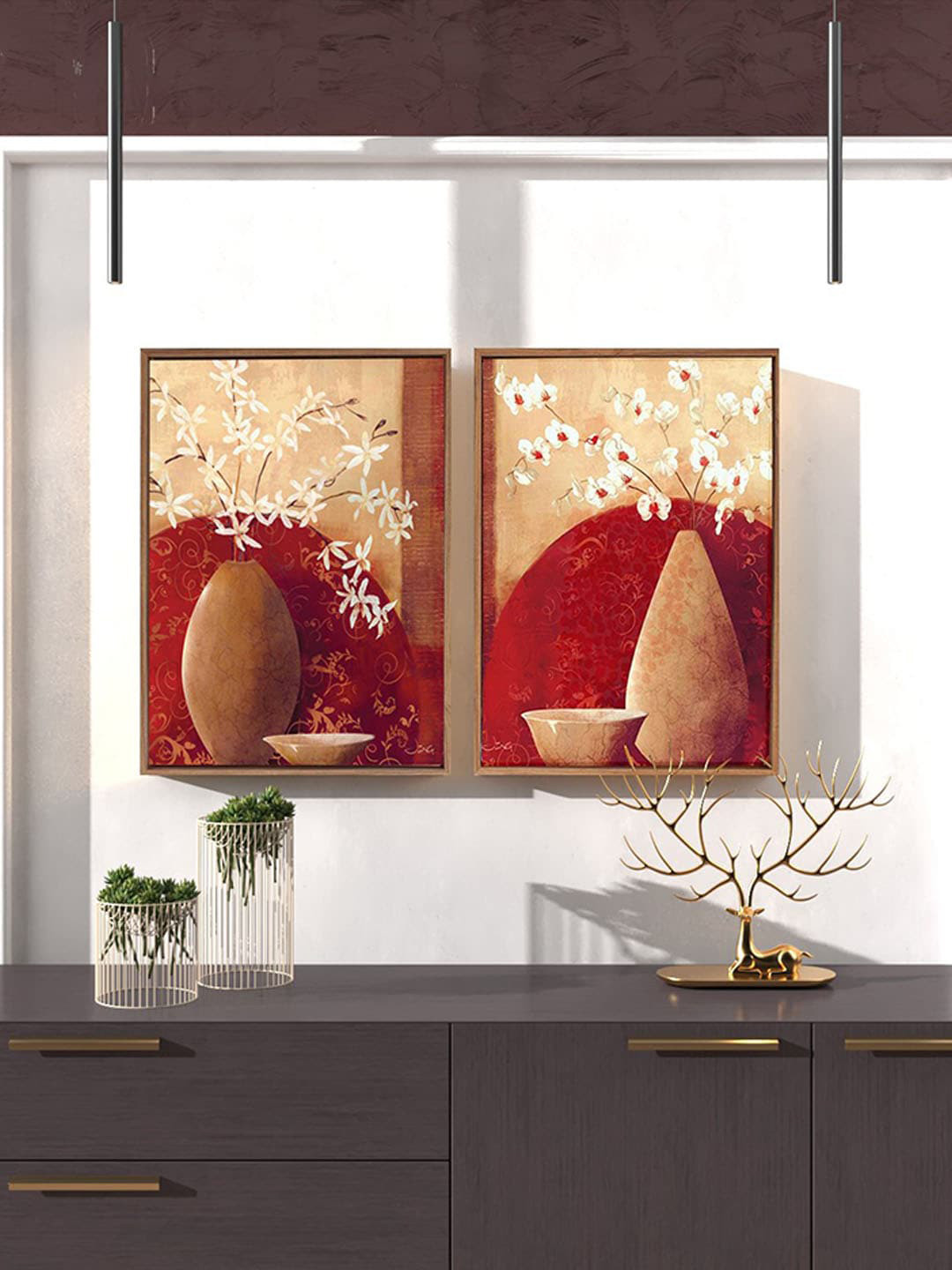 Art Street Red & Beige 2-Pcs Gorgeous Beautiful Flowers Painting Wall Art