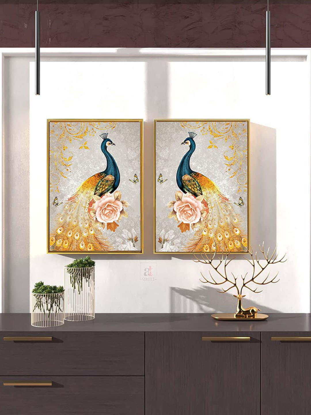Art Street Yellow & Grey 2 Pcs Peacock Digital Print Canvas Wall Art