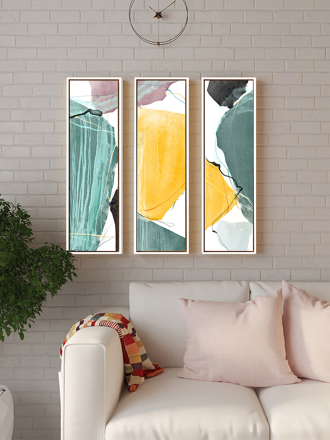 Art Street 3 Pieces Yellow & Blue Abstract Printed Canvas Painting Wall Art