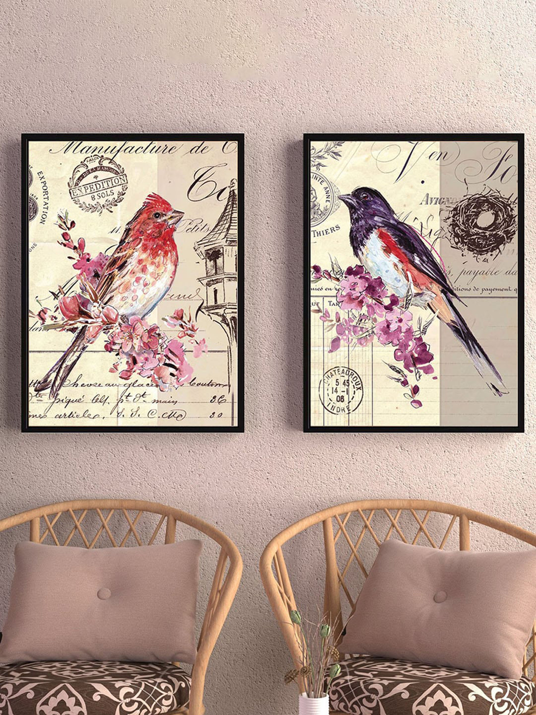 Art Street Beige & Pink 2 Pcs Chad Barrett Birds Canvas Painting Wall Art