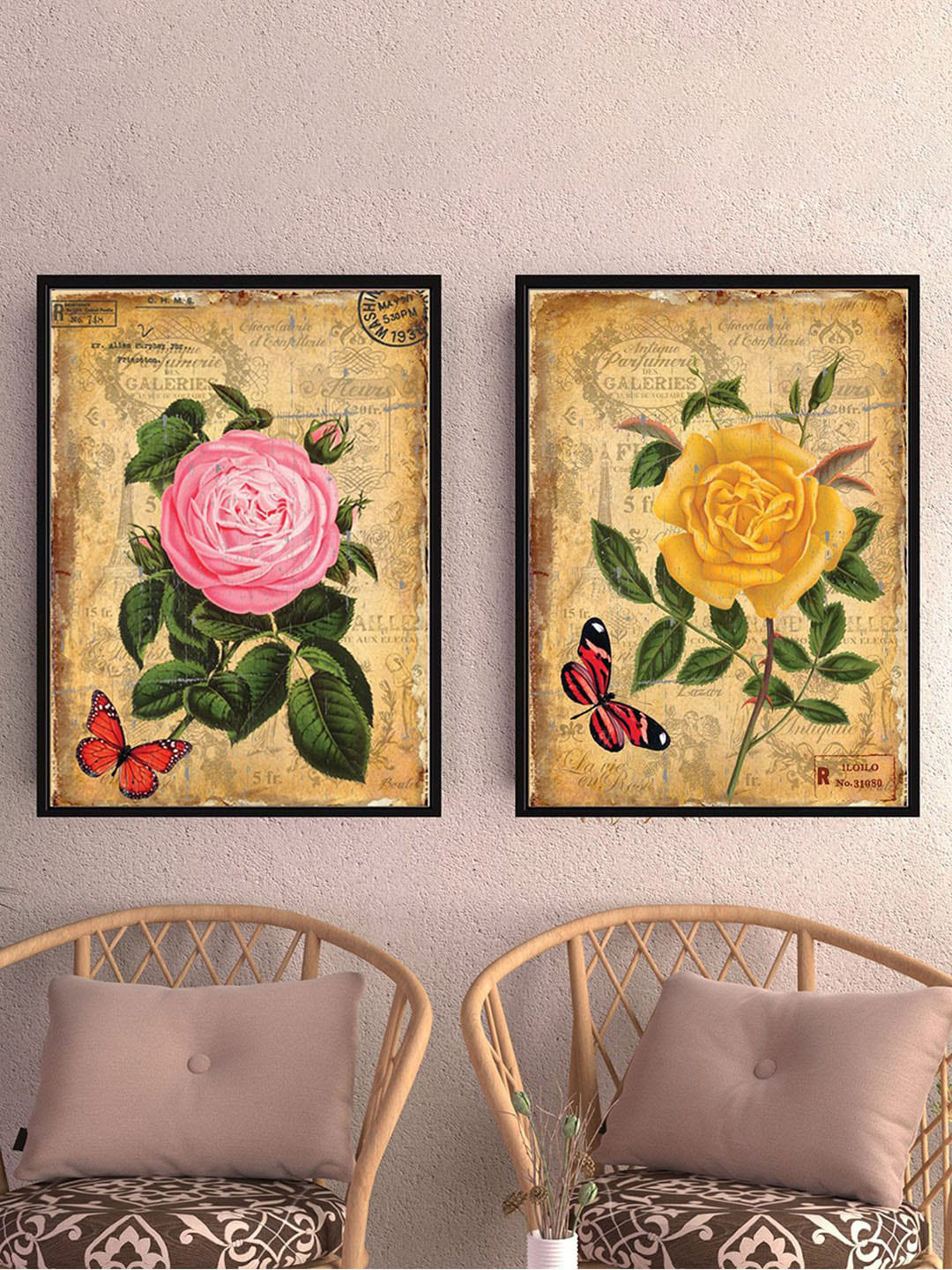 Art Street Brown & Pink 2 Pcs Rose Digital Printed Canvas Wall Art