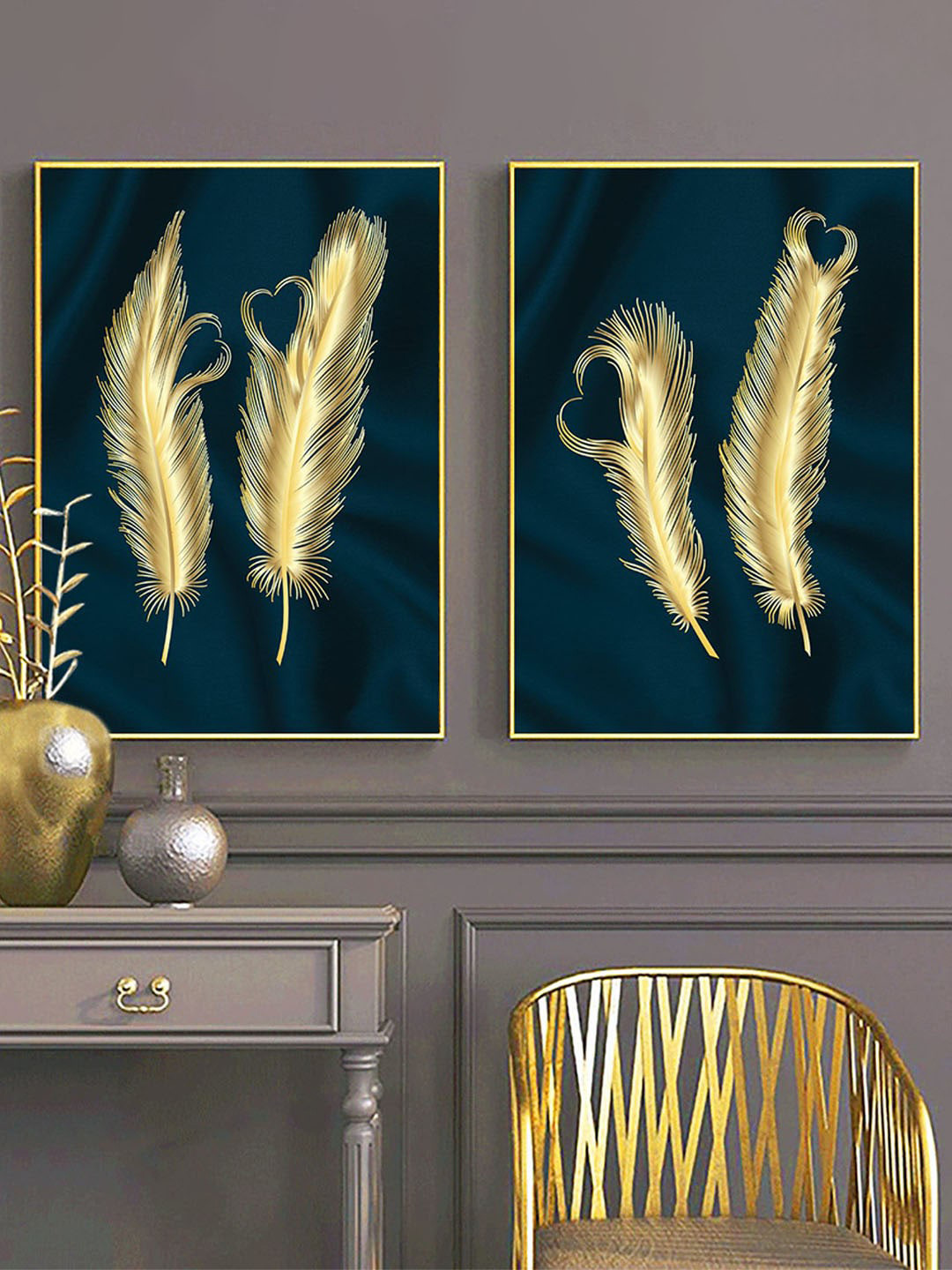 Art Street Blue & Yellow 2 Pieces Furn Leaf Digital Print Framed Wall Art