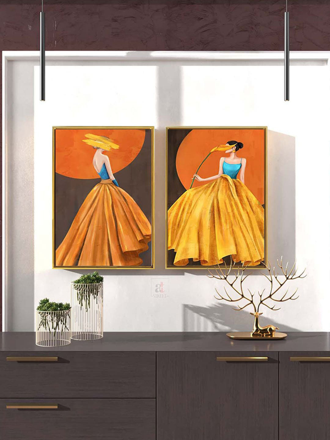 Art Street Yellow & Orange 2 Pcs Women in Yellow Dress Painting Wall Art