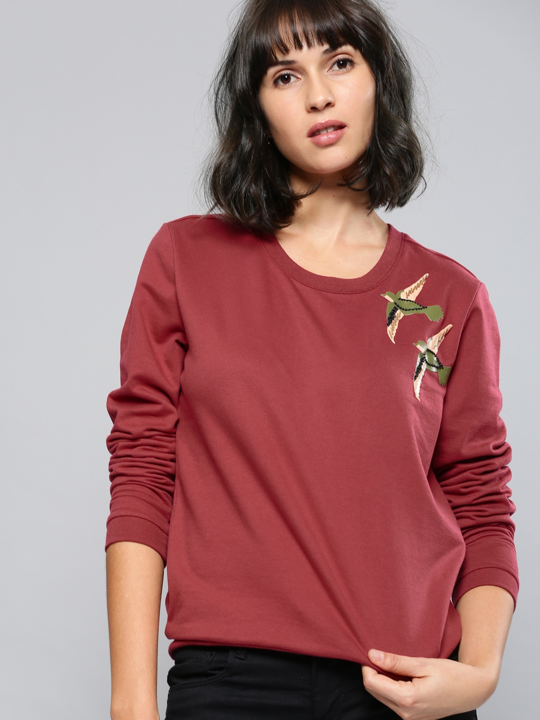 Buy NUSH Women Maroon Self Design Sweatshirt Sweatshirts for