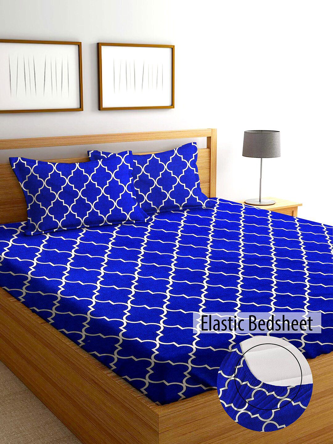 AEROHAVEN Winter 2023 Blue Geometric Cotton 210 TC Fitted King Fine Bedsheet with 2 Pillow Covers-78 x 72 inches