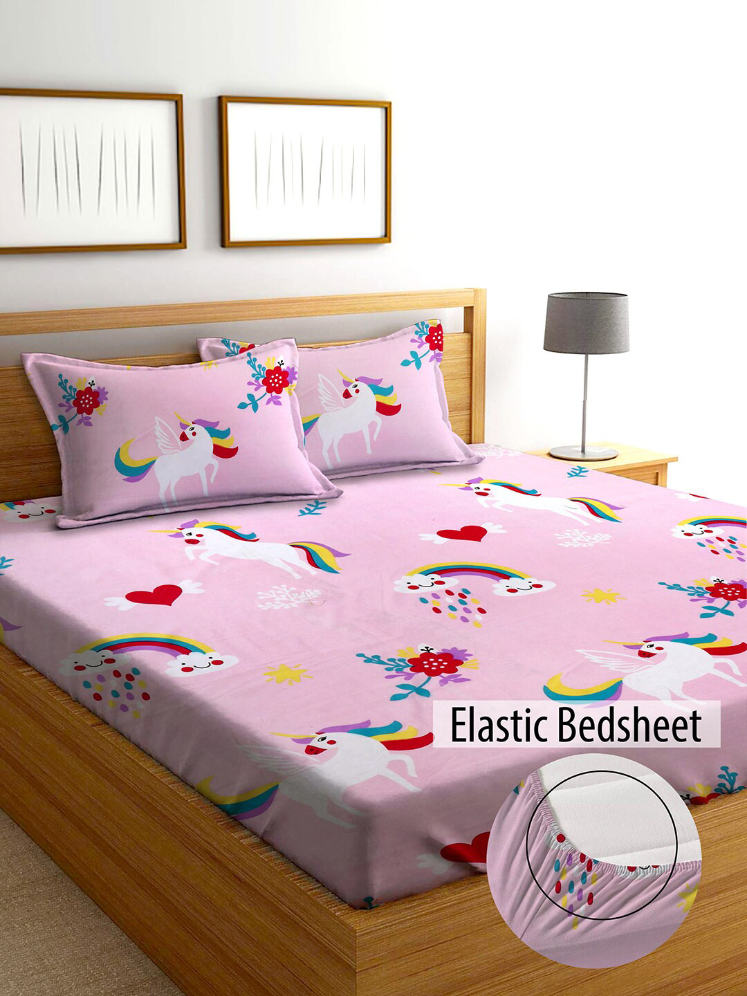 AEROHAVEN Winter 2023 Pink Cartoon Characters Cotton 210 TC Fitted King Fine Bedsheet with 2 Pillow Covers-78 x 72 inches
