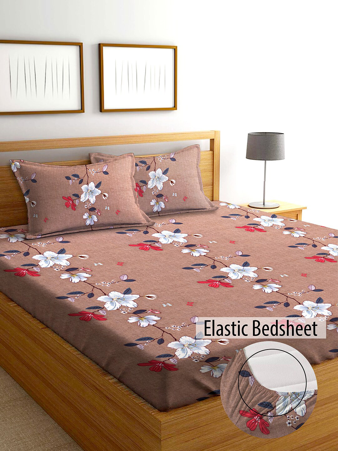 AEROHAVEN Winter 2023 Brown Floral Cotton 210 TC Fitted King Fine Bedsheet with 2 Pillow Covers-78 x 72 inches