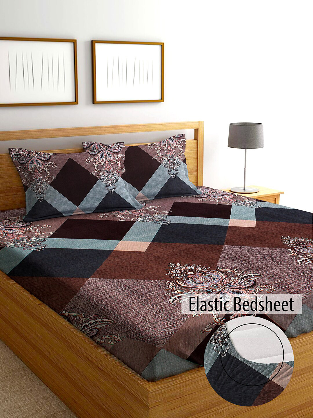 AEROHAVEN Winter 2023 Brown Ethnic Motifs Cotton 210 TC Fitted King Fine Bedsheet with 2 Pillow Covers-78 x 72 inches