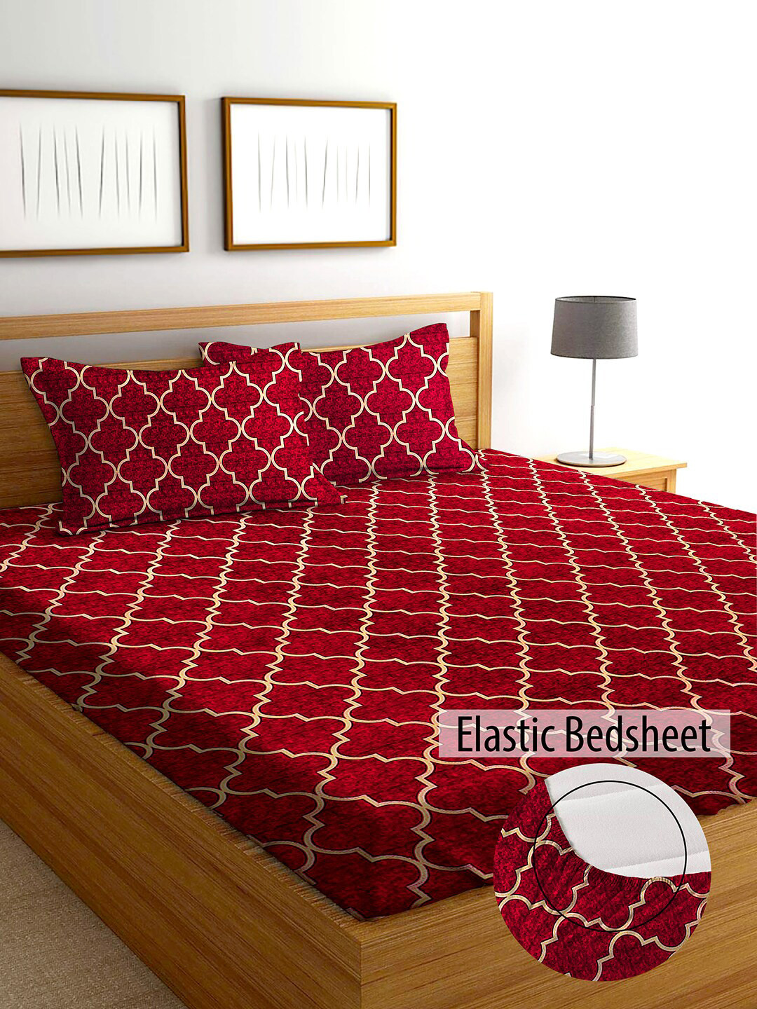 AEROHAVEN Winter 2023 Red Abstract Cotton 210 TC Fitted King Fine Bedsheet with 2 Pillow Covers-78 x 72 inches