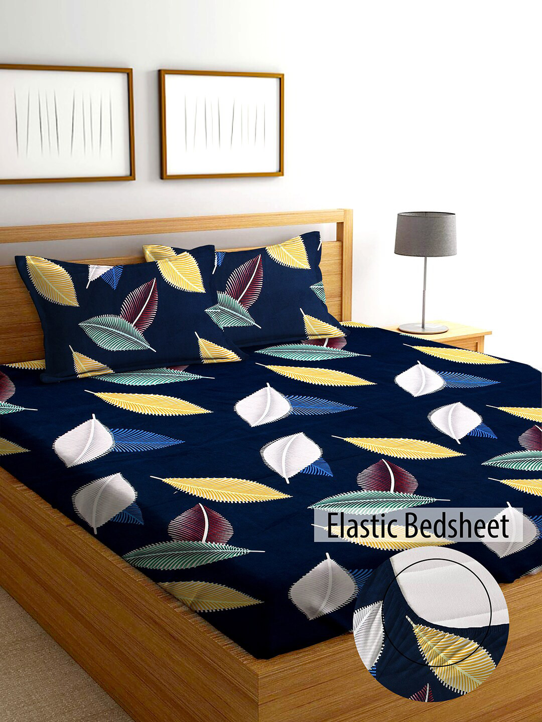 AEROHAVEN Winter 2023 Blue Leaf Cotton 210 TC Fitted King Fine Bedsheet with 2 Pillow Covers-78 x 72 inches