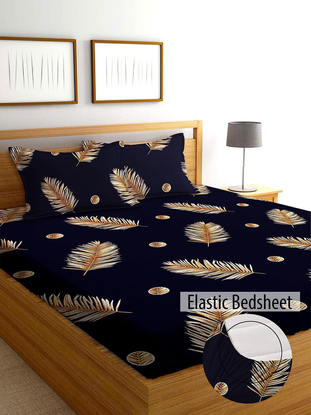AEROHAVEN Winter 2023 Navy Blue Leaf Cotton 210 TC Fitted King Fine Bedsheet with 2 Pillow Covers-78 x 72 inches