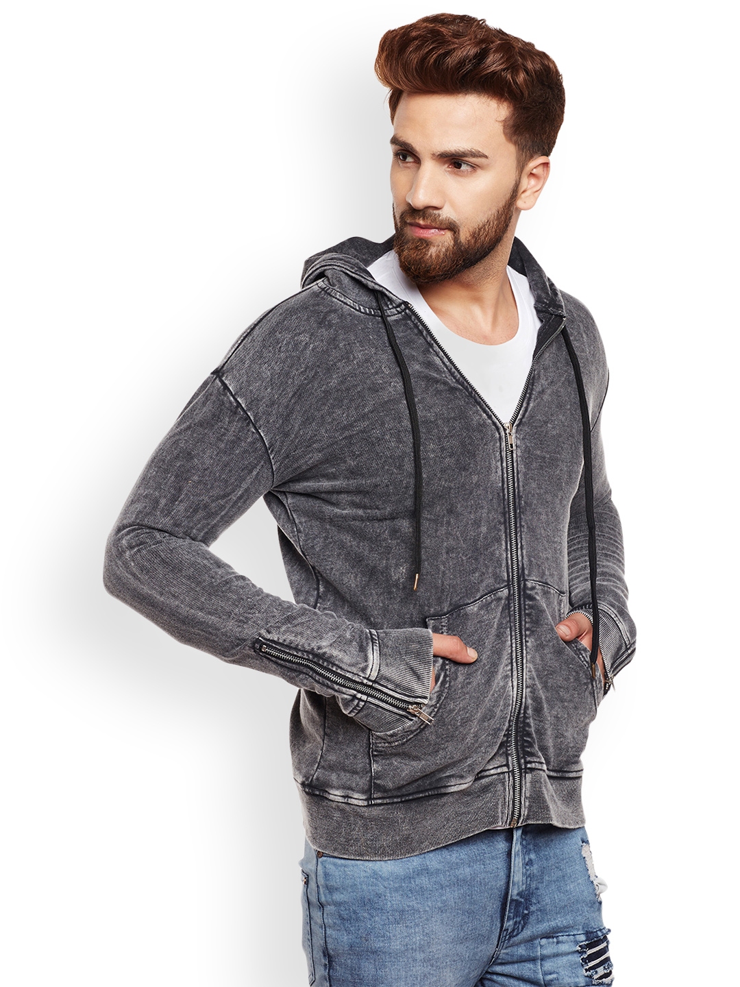 FUGAZEE Men Grey Self Design Hooded Sweatshirt