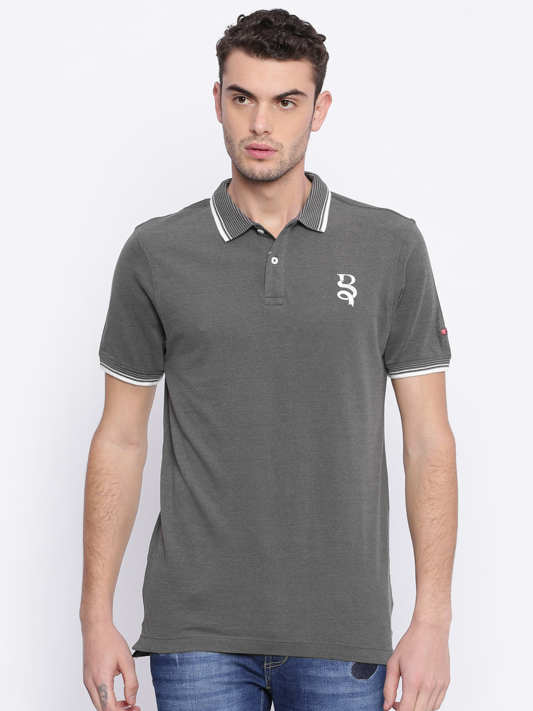 Men Charcoal Grey Solid Polo Collar 