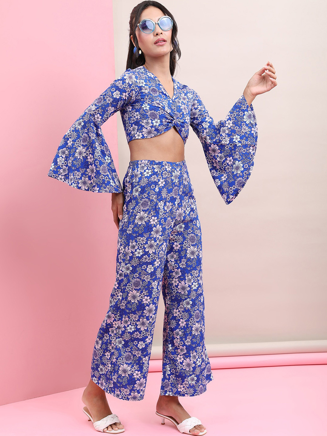 KETCH Women Floral Printed V-Neck Crop Top With Palazzo Co-Ords Set