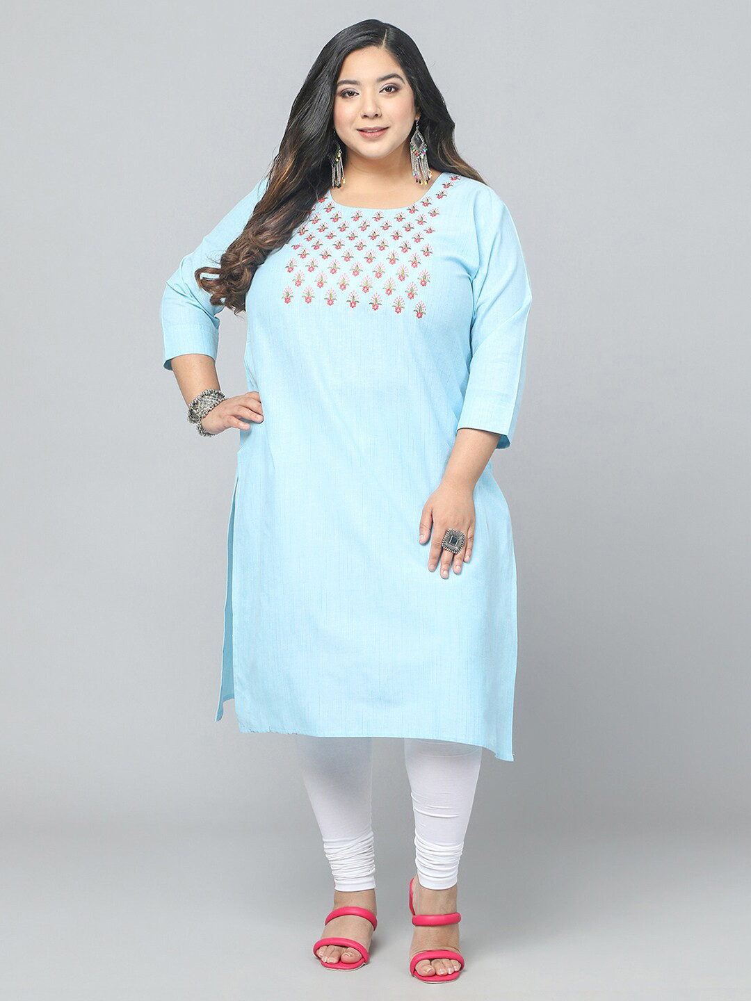 Jevi Prints Plus Size Embroidered Pure Cotton Straight Kurta