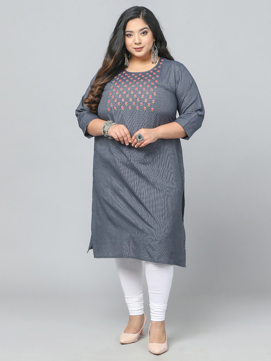 Jevi Prints Plus Size Embroidered Pure Cotton Straight Kurta