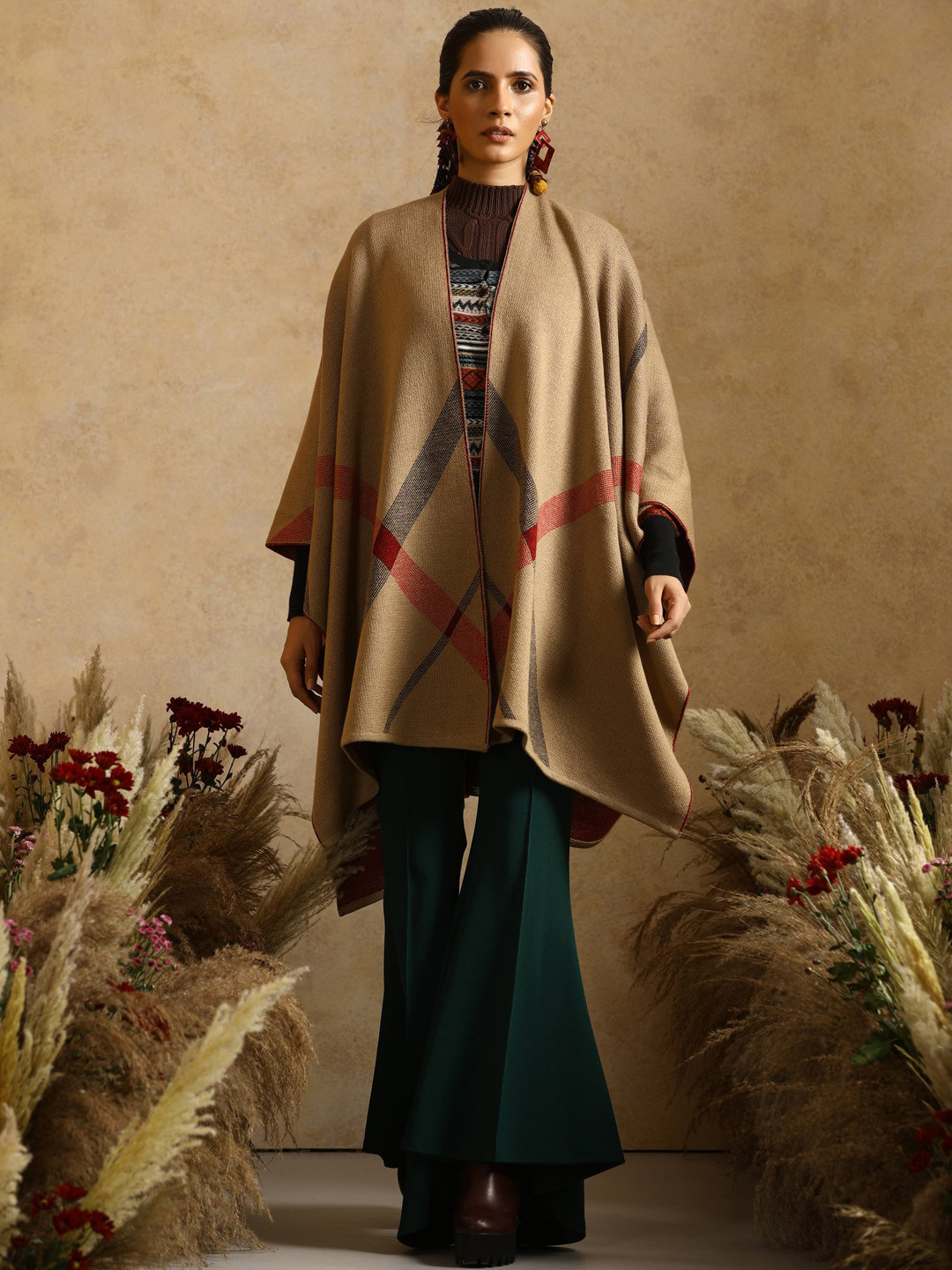 KHALEEJ Women Asymmetric Closure Wool Cape Jacket