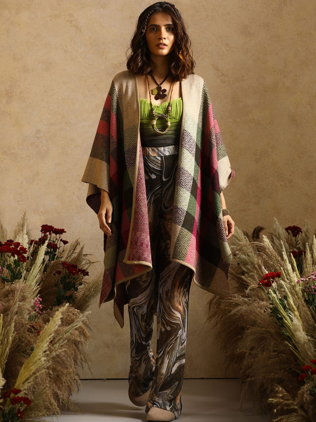 KHALEEJ Women Asymmetric Closure Wool Cape Jacket