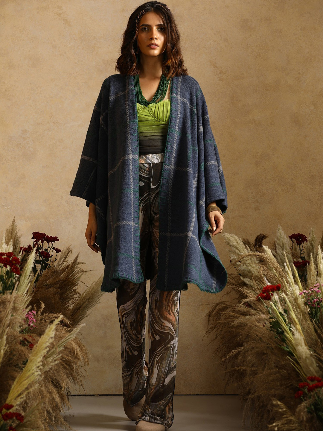KHALEEJ Women Checked Asymmetric Closure Wool Longline Cape Jacket
