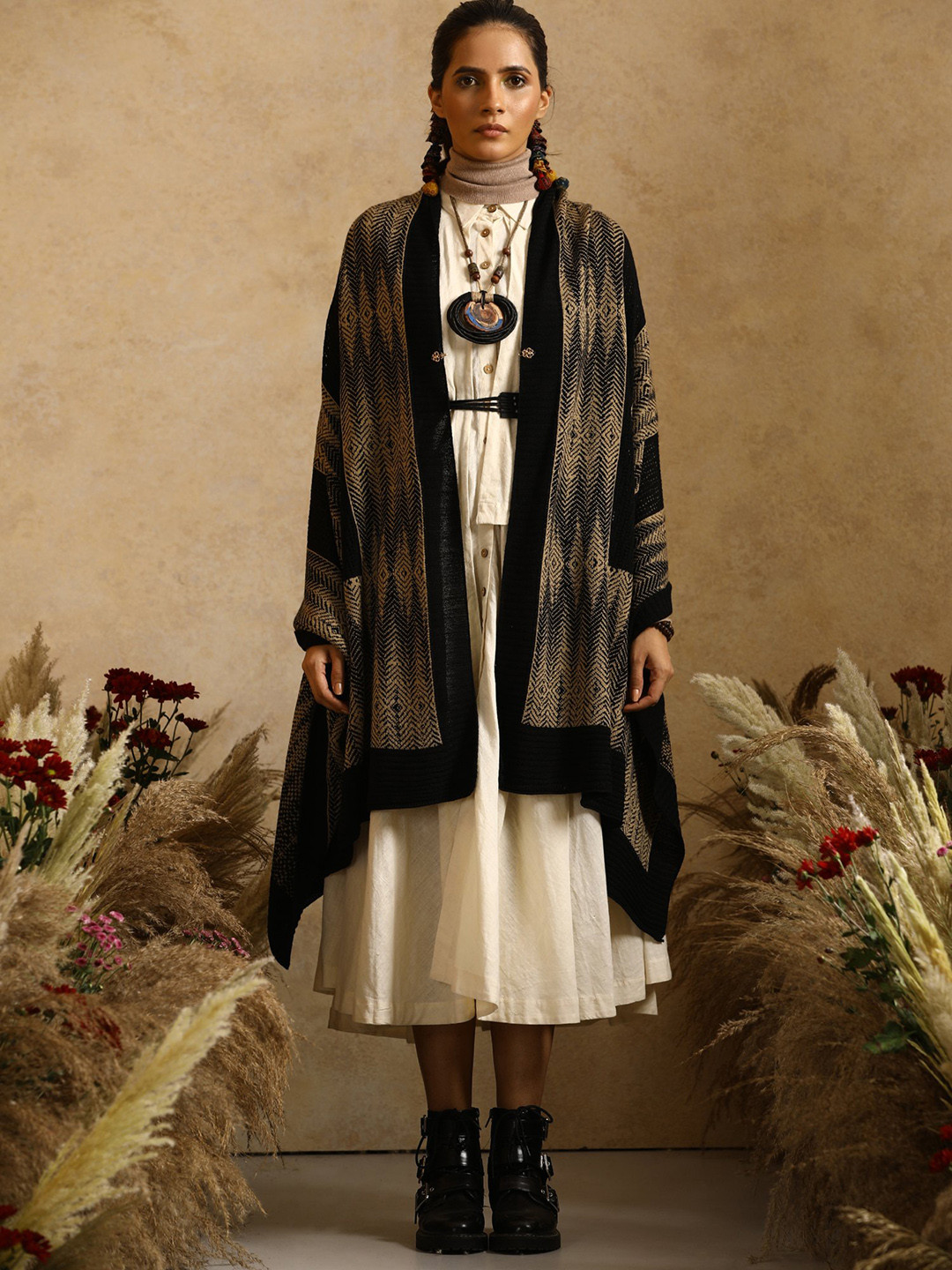 KHALEEJ Women Asymmetric Closure Longline Wool Cape Jacket