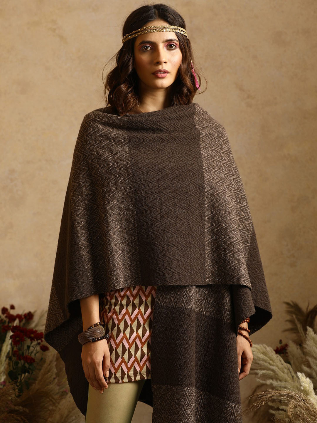KHALEEJ Women Self Design Wool Longline Cape Jacket